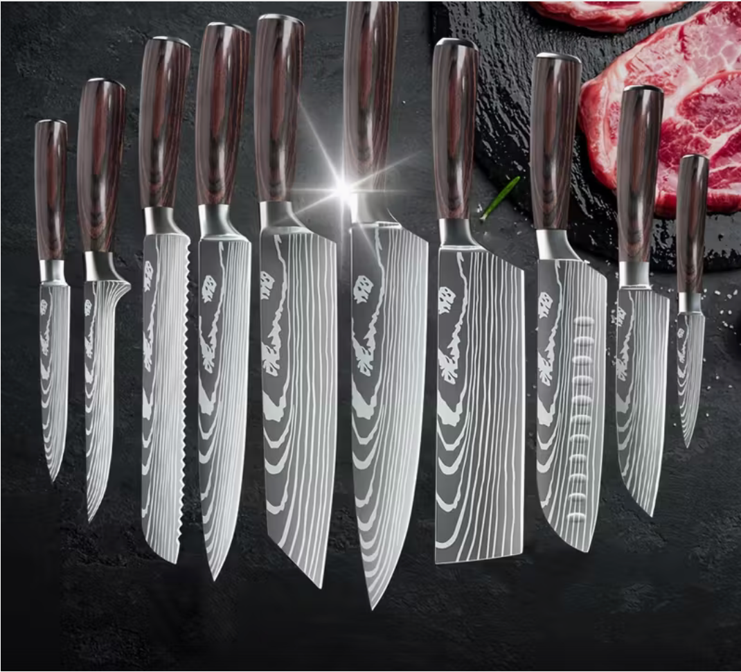 Eksklusivt knivsæt i rustfrit stål med Pakka-træhåndtag